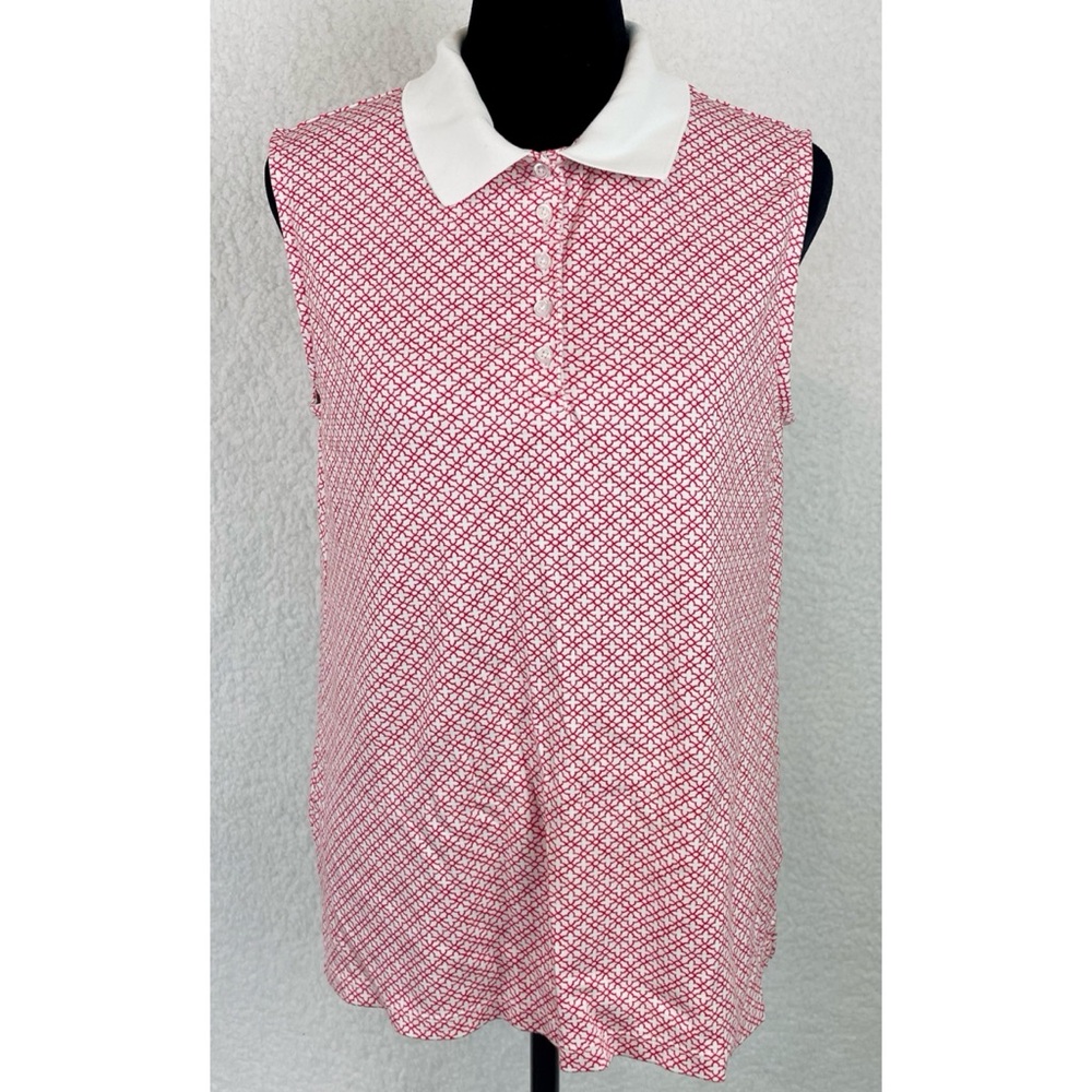 LANDS’ END • Red/White Geometric Print Sleeveless Collared Polo Top, M - Picture 16 of 16